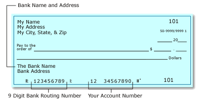 Check image showing location of 9 digit bank routing number.