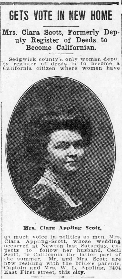 Clara Appling Scott 7.10.1912 Wichita Daily Eagle