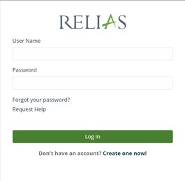 Relias log in page. If you are signing up for the first time, you will need to select the Create one now option underneath the log in button.