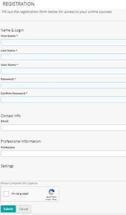 Relias registration screen to fill in account information
