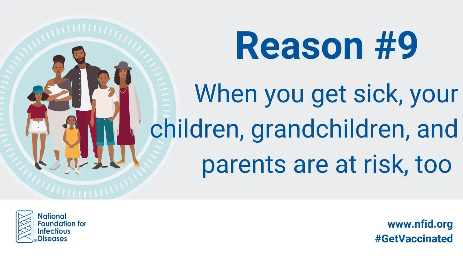 An illustration of a family, including a baby, mother, father, toddler, two kids, and a grandmother.