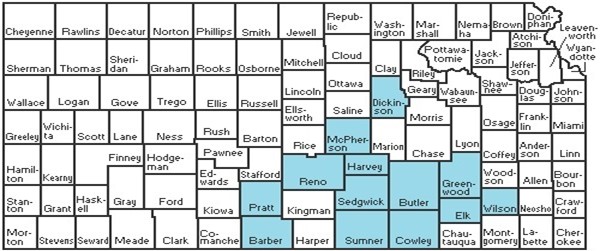 Map of Kansas showing counties served by the laboratories with a cluster being in South Central Kansas including Sedgwick County.