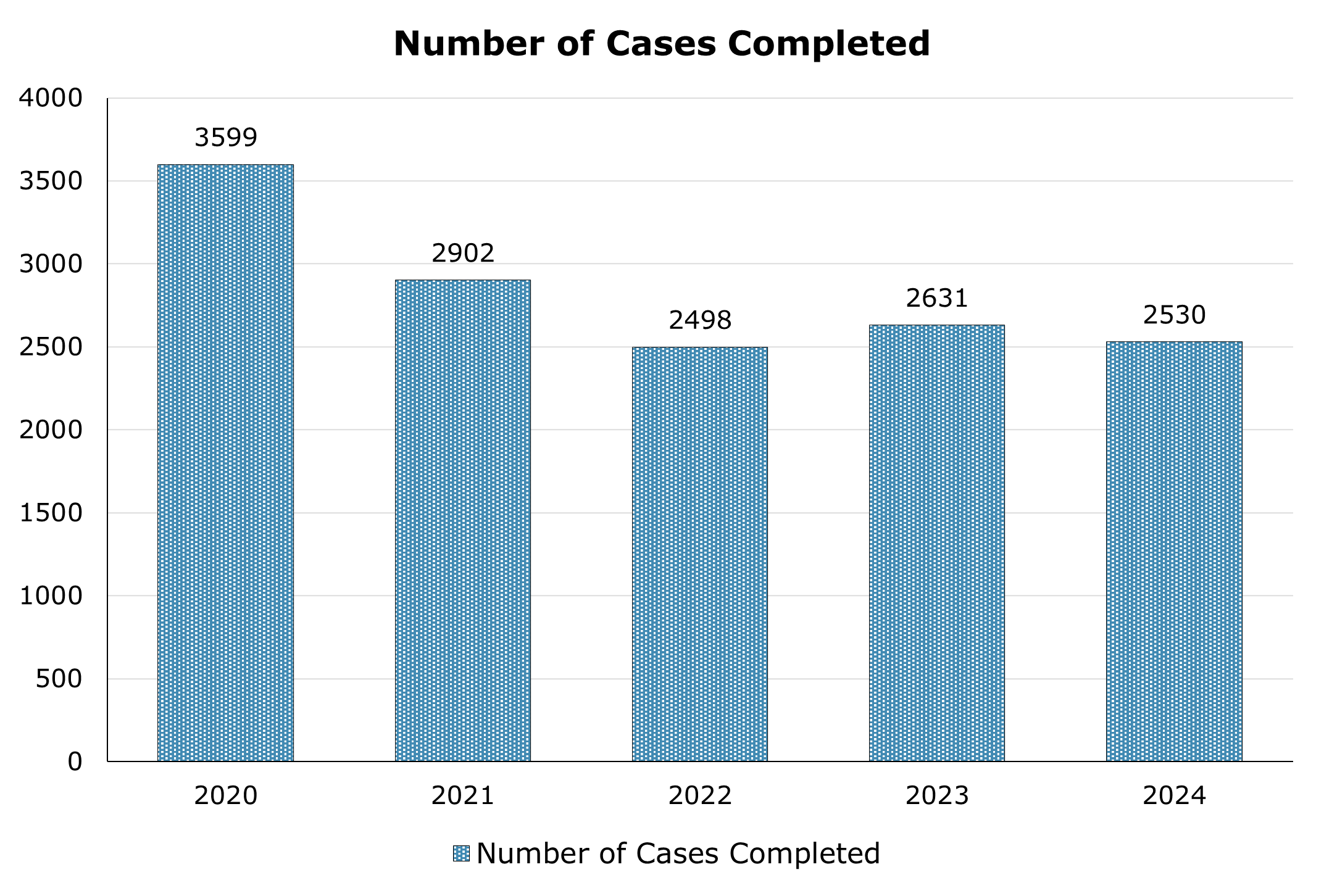 Number of cases completed each year between 2020 and 2024.