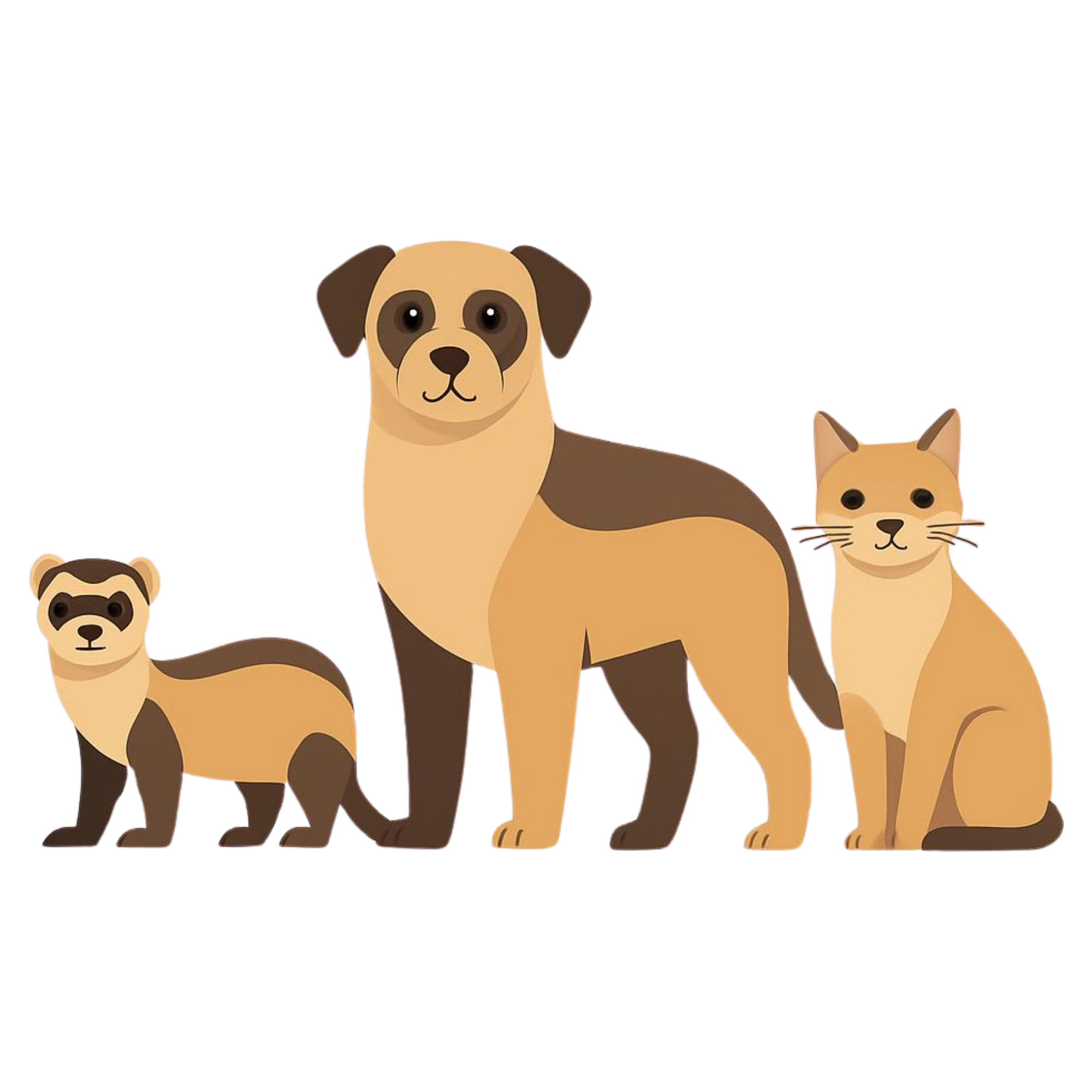 A ferret, dog, and cat standing together.