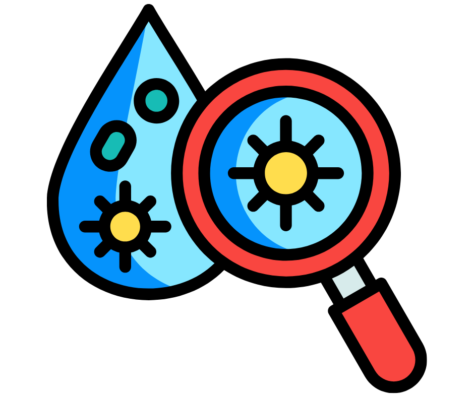 Magnifying glass on a water droplet that magnifies bacteria and viruses