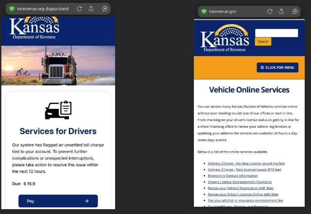 Fraudulent website (left) vs official website (right)