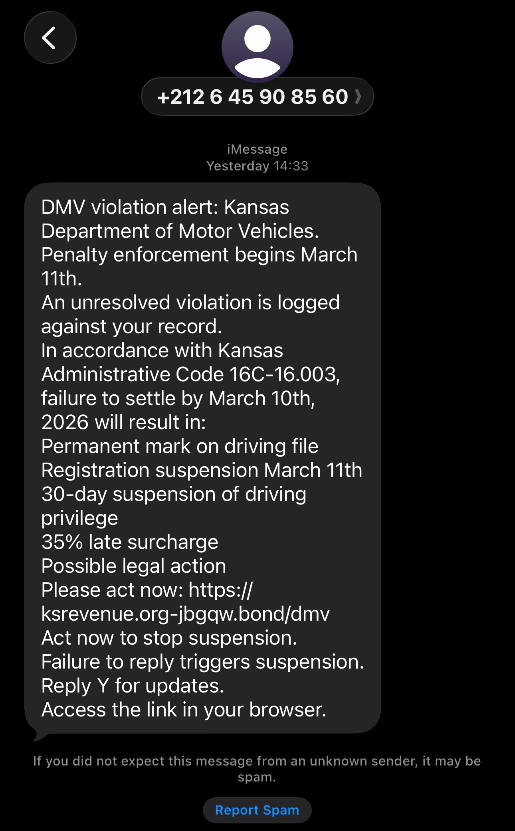 Example of fraudulent text message