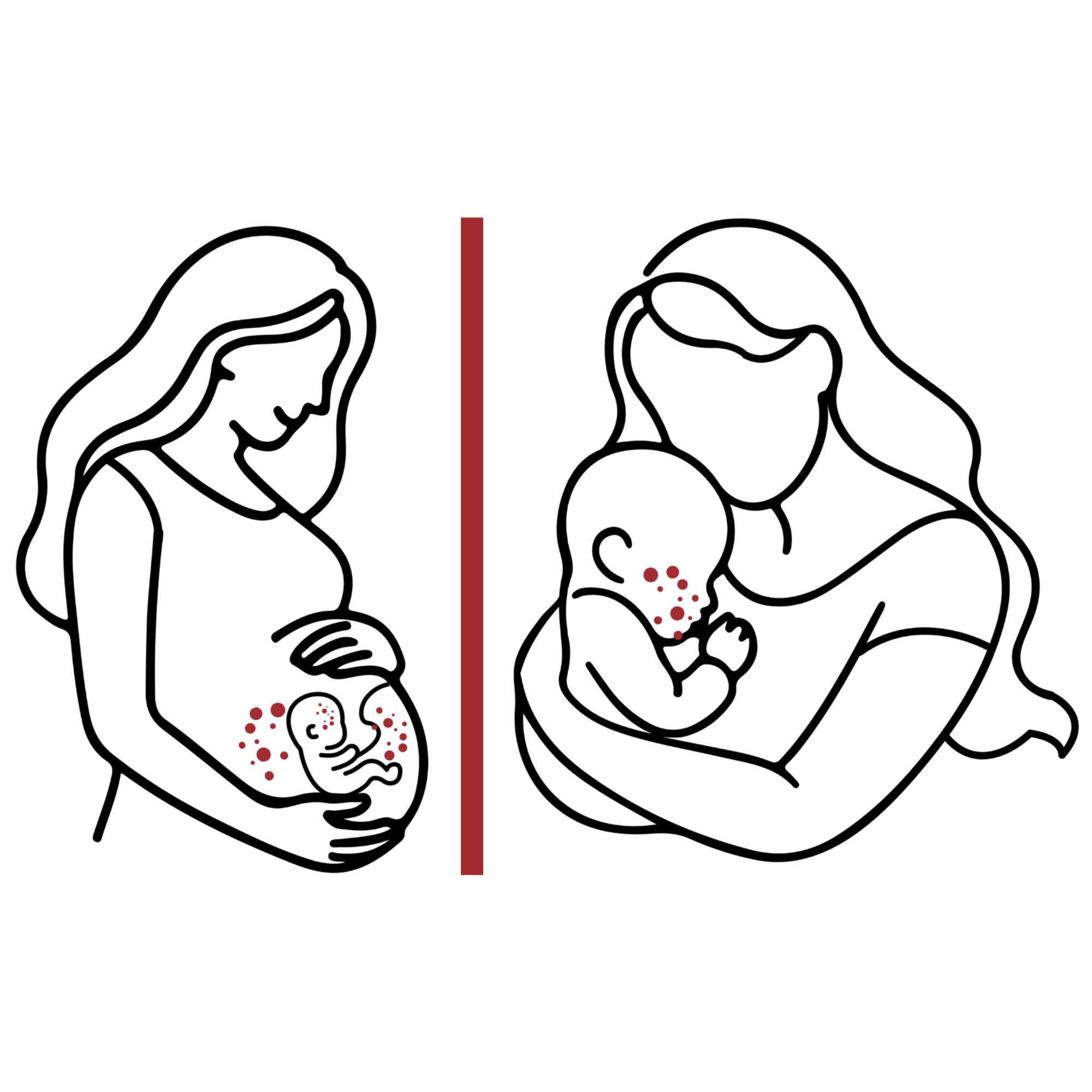 An illustration of two mothers with a red line dividing them. The first mother is holding her belly with a view of a fetus. The fetus has red dots representing syphilis around it.  The other mother is holding an infant with red dots (indicating syphilis) on its face.
