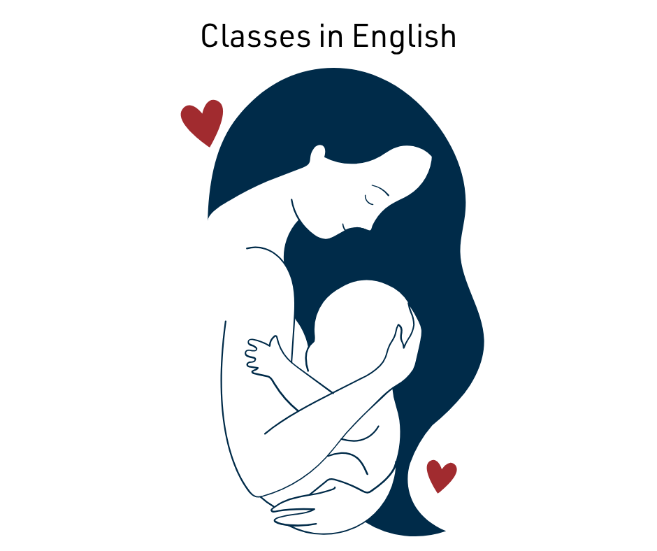 A woman holding an infant close to her chest with Classes in English above.