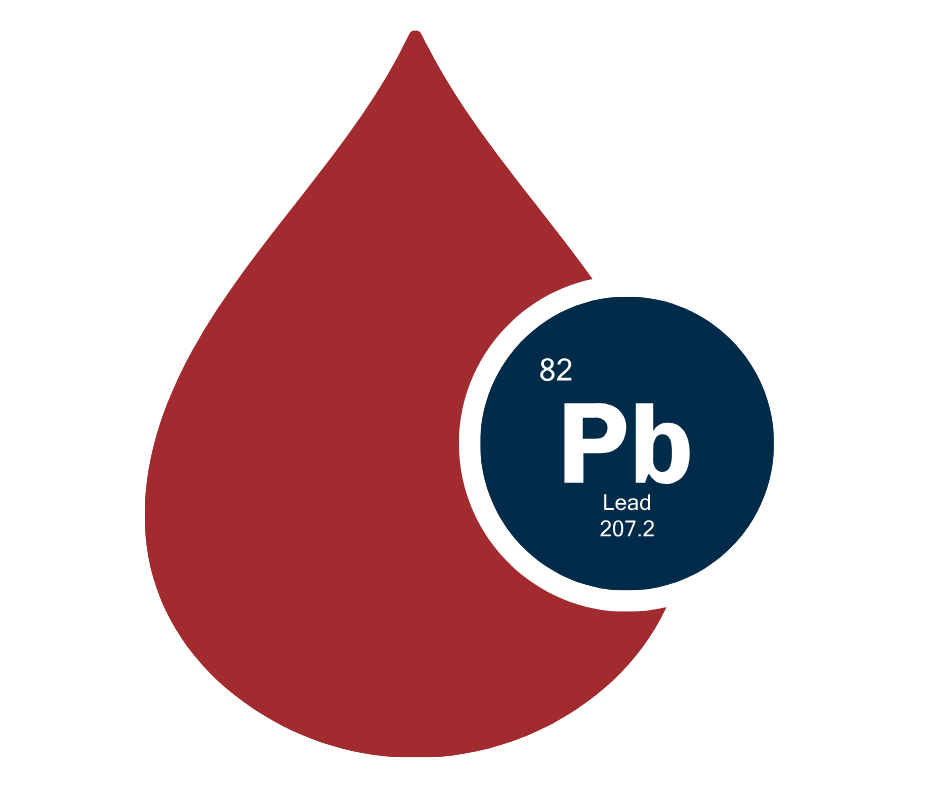 Illustration of a red drop of blood with the element Pb (lead over it).