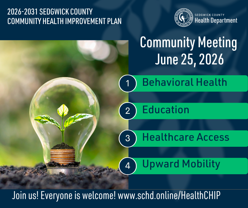 ALT TEXT:  Lightbulb over a newly emerging plant in sunlight, representing growth and community health. Text on image: “2026–2031 Community Health Improvement Plan (CHIP). The four CHIP focus areas and workgroups are Behavioral Health, Education, Healthcare Access, and Upward Mobility.  www.schd.online/HealthCHIP.