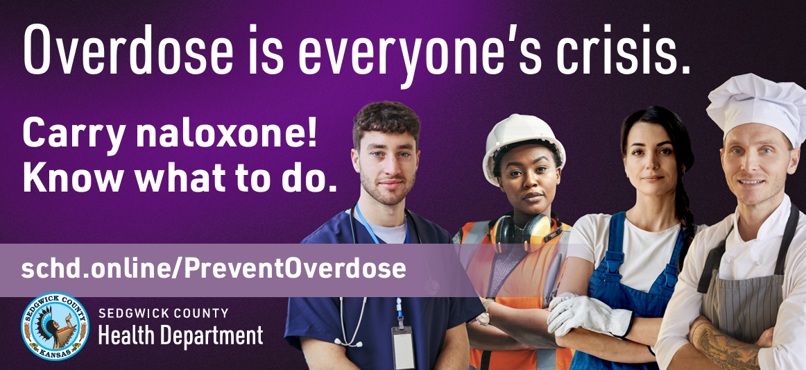 Four adult professionals with the text, "Overdose is everyone's crisis. Carry nalaxone! Know what to do. schd.online/PreventOverdose