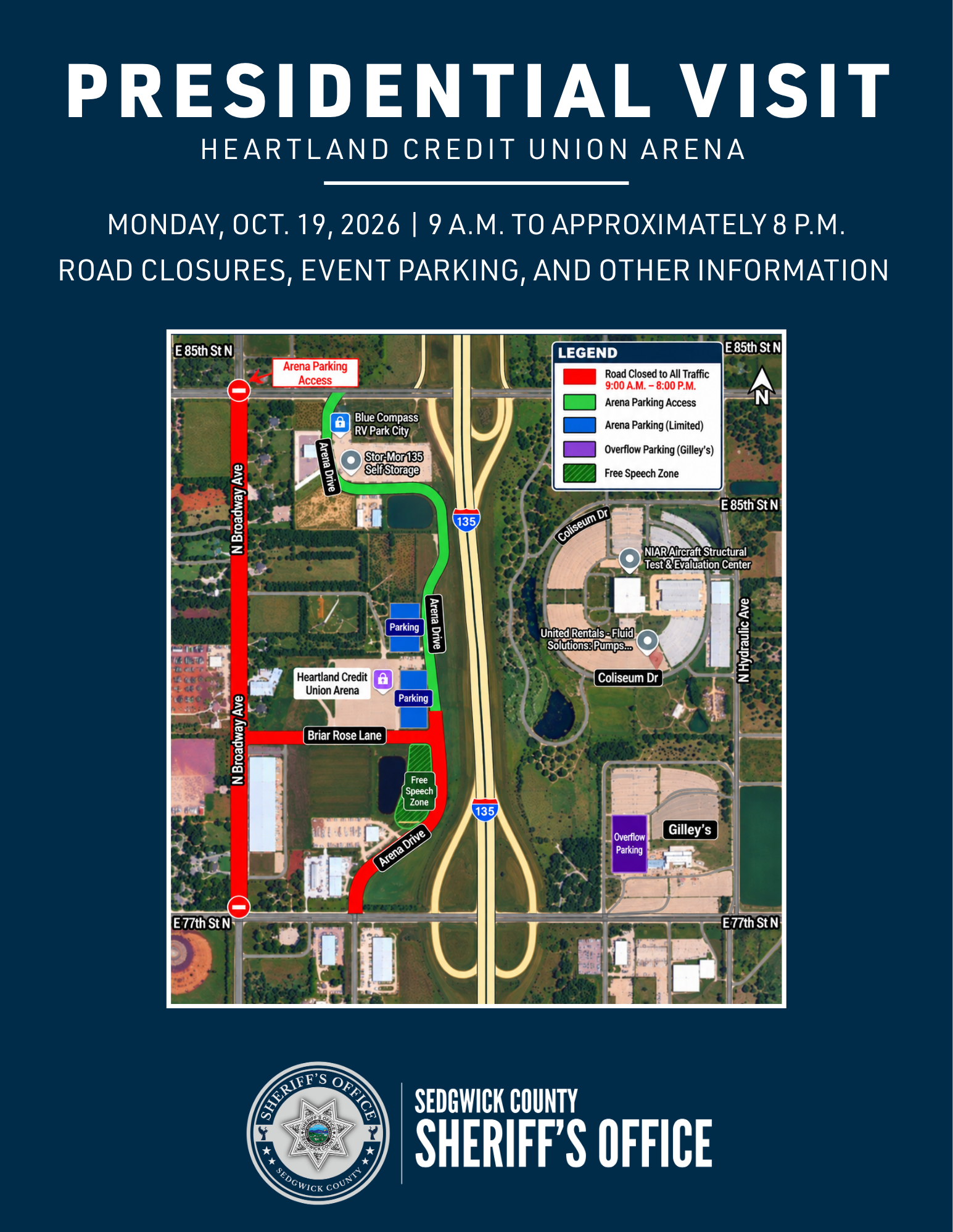 Flyer for Presidential Visit containing map of area roads that will be closed. Those areas are in the caption of the media release above.