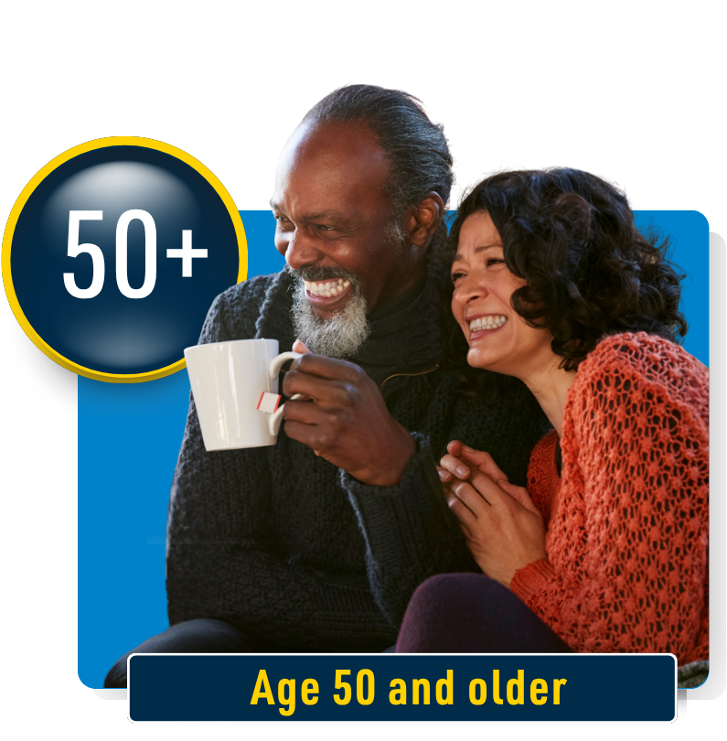 Two adults over 50 years of age sitting together smiling. Text states, "Age 50 and older"