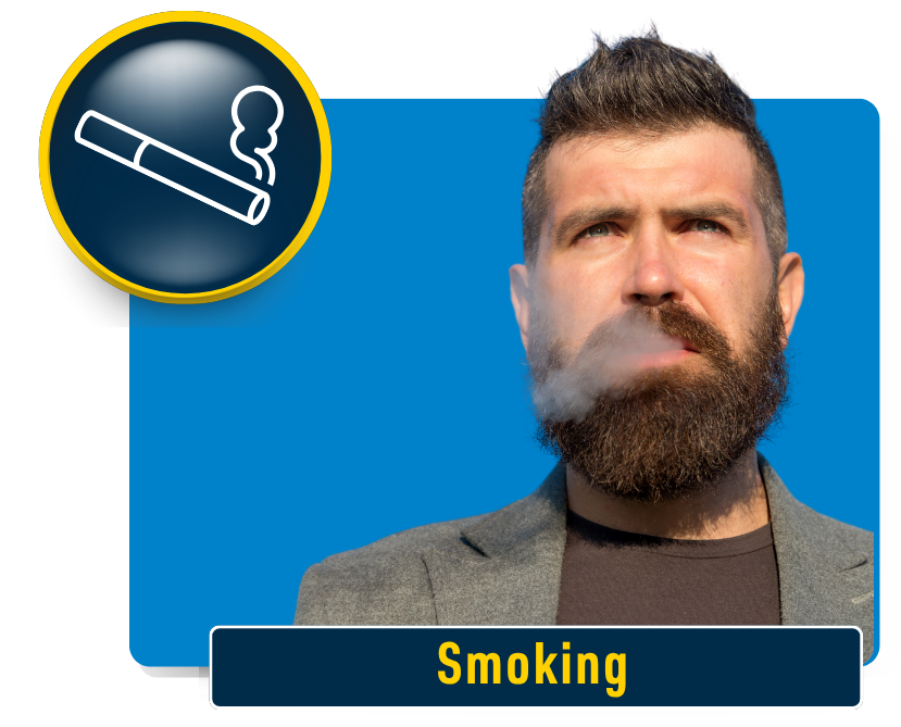 A man with cigarette smoke coming out of his mouth. Text states, "Smoking"