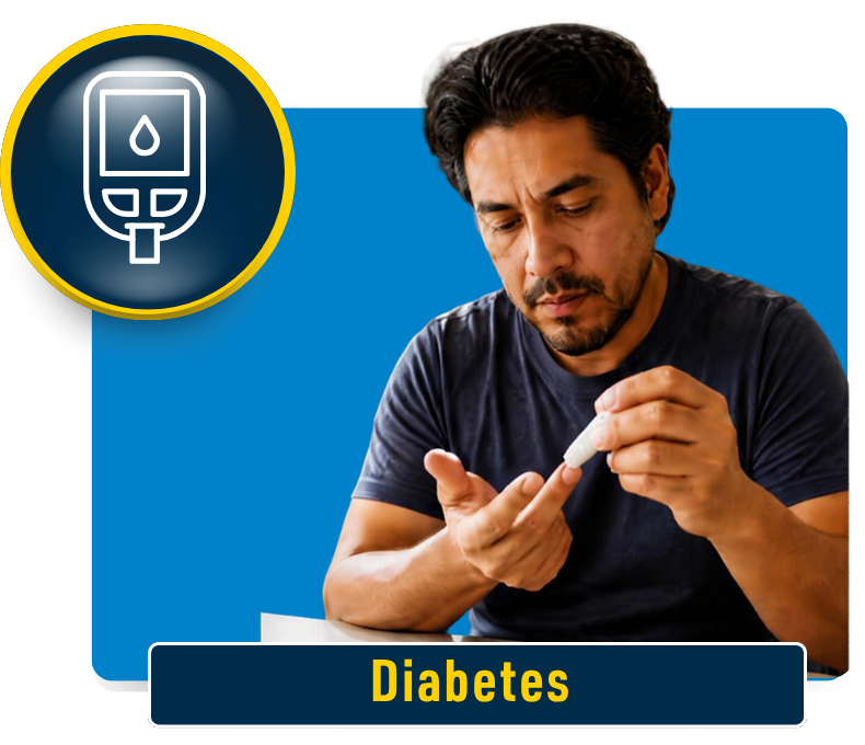 A man using a blood glucose meter performing a finger stick to check his blood for glucose levels. Text states, "Diabetes"