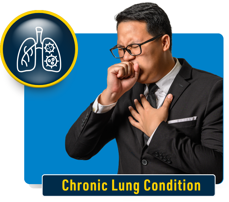 A man coughing into his hand and this other hand on his chest. Text states, "Chronic Lung Condition"
