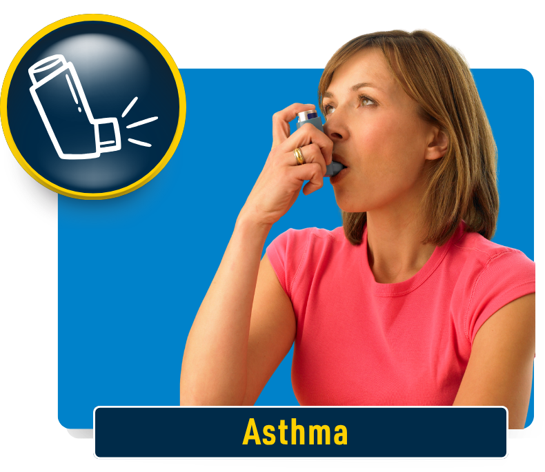A woman using an inhaler. Text states, "Asthma"