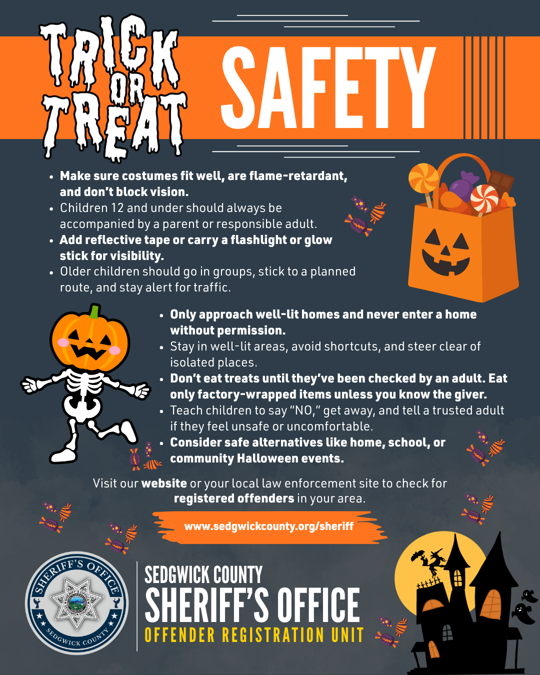 Trick or Treat flyer with basic information for the community on Halloween safety including the website for OffenderWatch